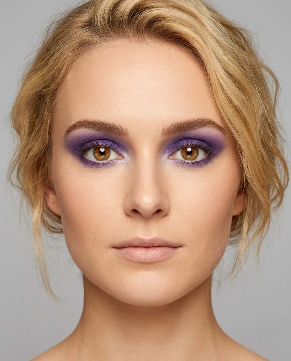 Klar vår-färgsättning med bruna ögon som bär samma klara svala violet-ögonskugga, vilket dränerar värmen som får hennes färgsättning att se levande ut
