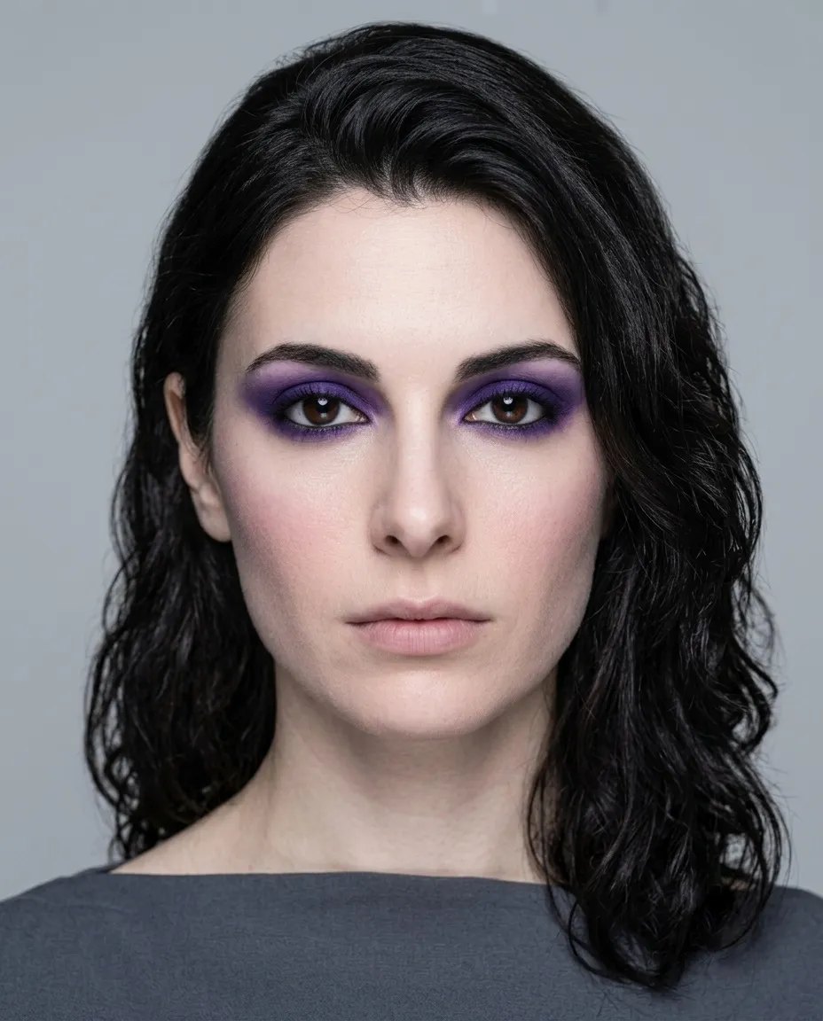 Djup vinter-färgsättning med bruna ögon som bär samma klara svala violet-ögonskugga, som sitter lika bekvämt som den gör på Sann vinter