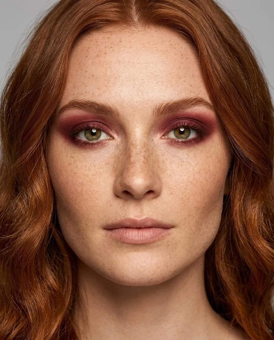 Sann höst-färgsättning med gröna ögon som bär varm djup burgundy-ögonskugga och eyeliner, en matchning på djup, värme och dämpad kvalitet