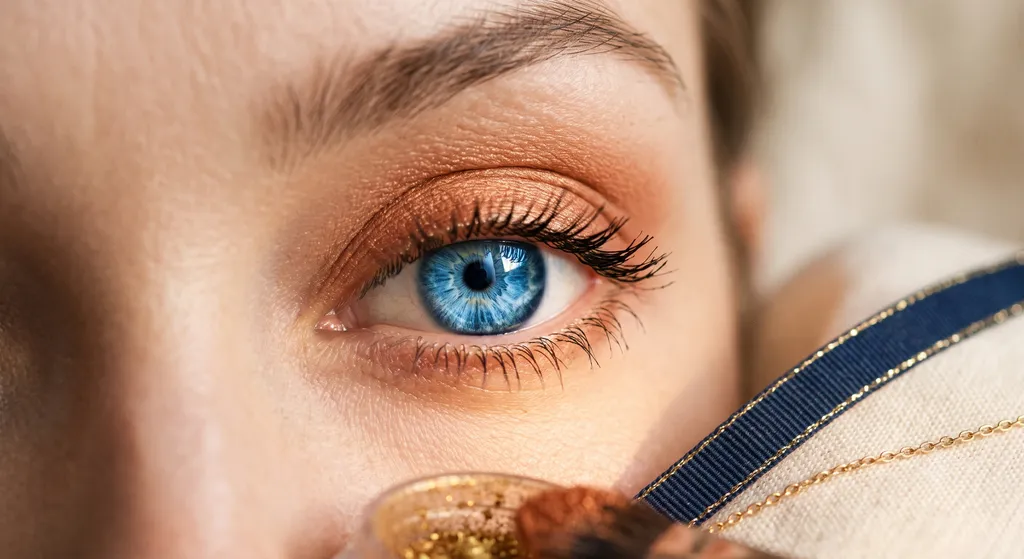 Gros plan extrême sur un œil portant un fard cuivré chaud qui fait ressortir l'iris bleu, illustrant la technique des couleurs complémentaires de l'eyemaxxing